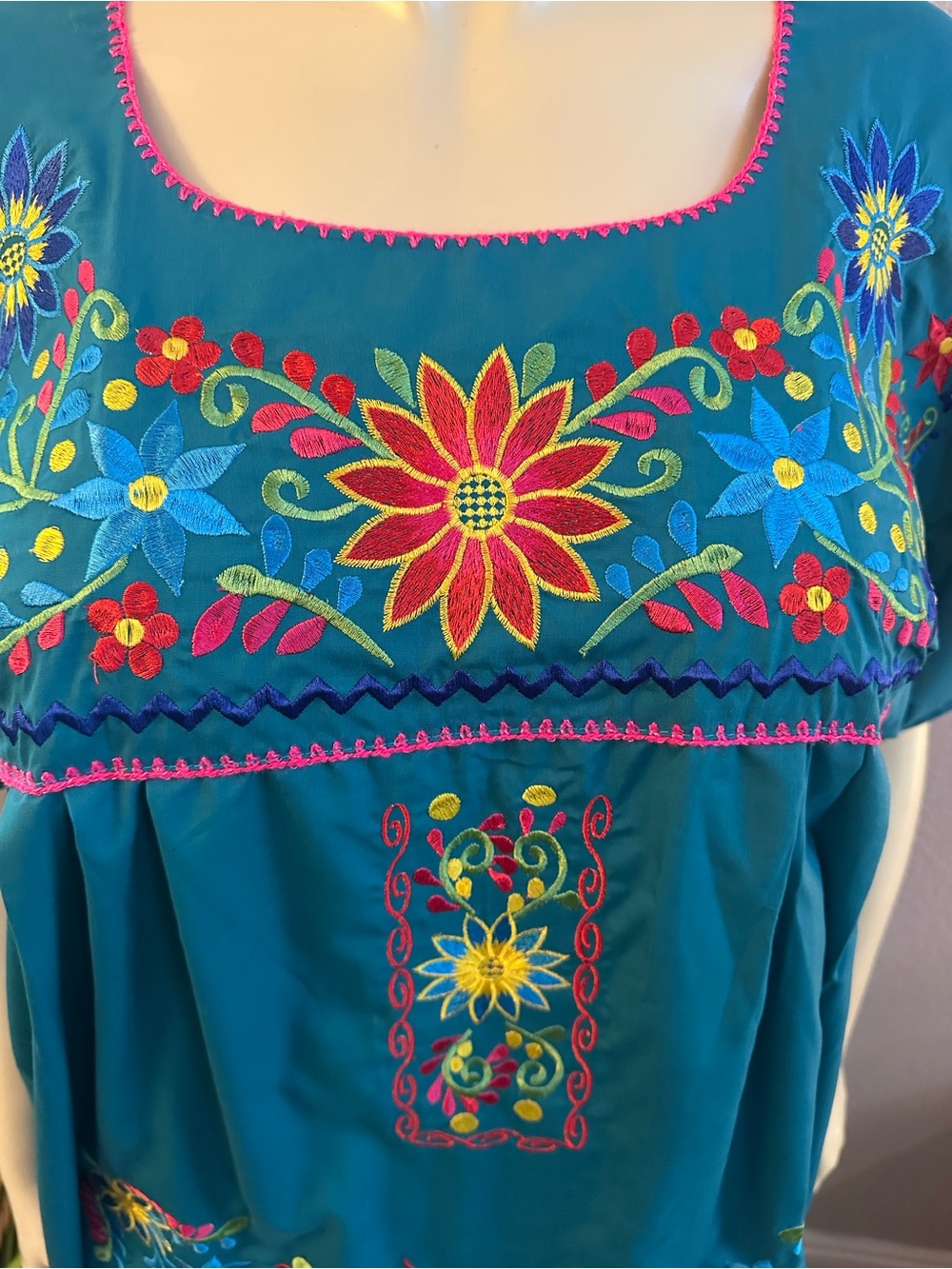 2XL-3XL-5XL Jade  Embroidered Floral Mexican Maxi Dress